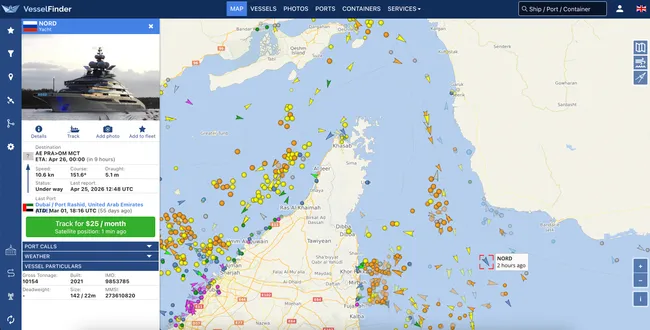 142-метровая суперъяхта «Норд», принадлежащая российскому бизнесмену Алексею Мордашову, покинула Дубай и, по данным сервисов отслеживания судоходства, прошла через Ормузский пролив по пути в Оман.