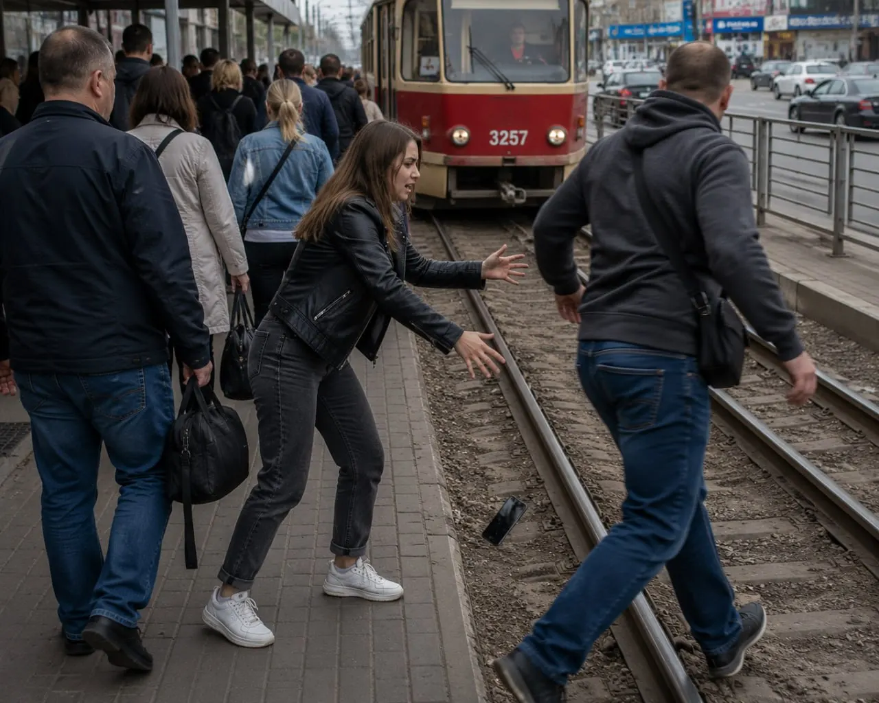 Жительница Барнаула рассказала, что в тесном проходе на остановке мужчина плечом толкнул её, из‑за чего телефон выпал на трамвайные рельсы. Устройство не пострадало, пострадавшая просит быть внимательнее в людных местах.