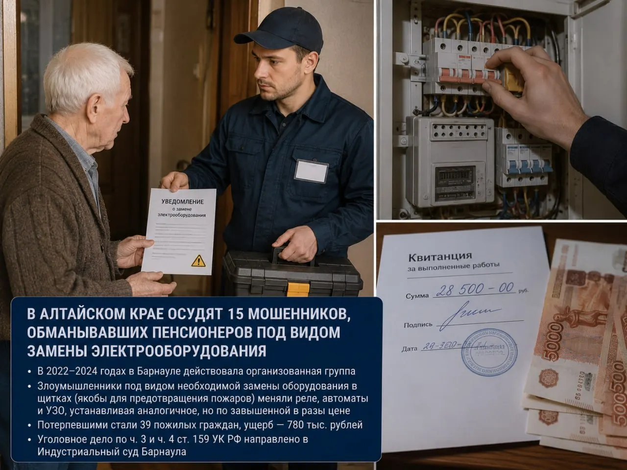 Прокуратура направила в суд уголовное дело: в 2022–2024 годах группа предлагала пожилым людям заменить электрооборудование, завышая цену или меняя устройства на аналогичные; пострадали 39 человек, ущерб — около 780 тыс. рублей.