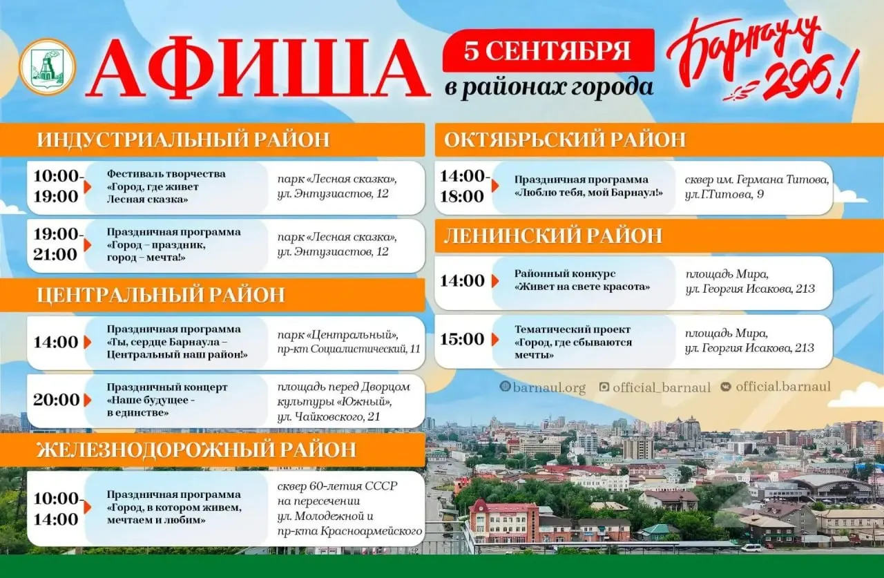 В рамках праздника города пройдут ярмарки, выставки и большой концерт во всех районах, завершающийся 5 сентября.