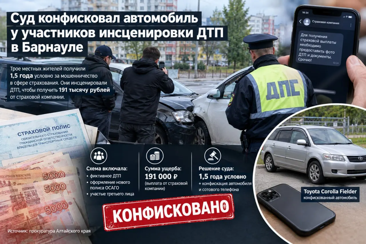 Центральный районный суд Барнаула признал троих местных жителей виновными в мошенничестве со страховкой и конфисковал у виновников автомобиль и смартфон.