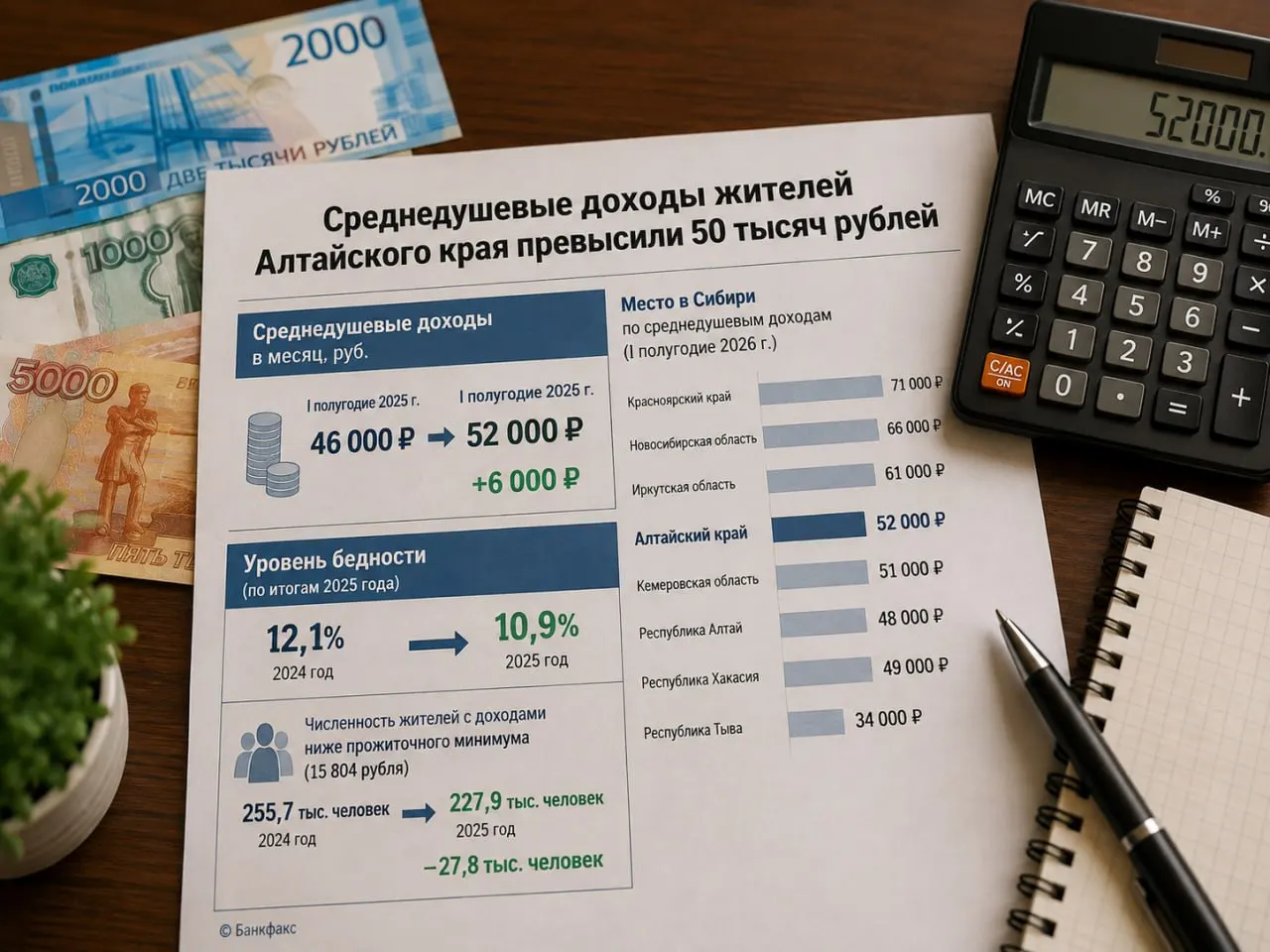 В Алтайском крае за первое полугодие 2026 года средний доход на душу населения составил 52 тысячи рублей в месяц, что на 6 тысяч рублей выше прошлого года.