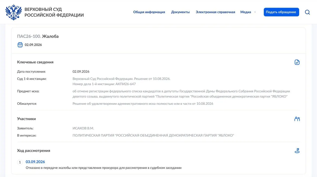 ВС отказался передать жалобу Яблока в Президиум суда; партия намерена обратиться в Конституционный суд России.